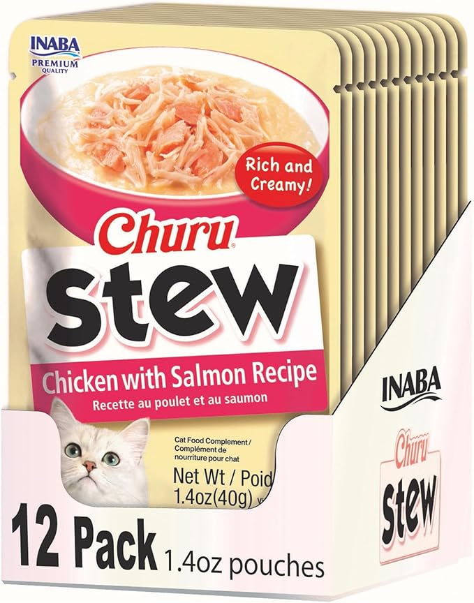 INABA Churu Stew for Cats, Broth Gelée with Shredded Chicken Side Dish Pouch with Vitamin E, 1.4 Ounces per Pouch, 12 Pouches, Chicken with Salmon Recipe