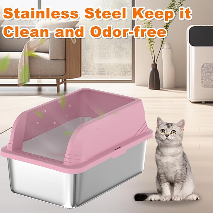 2 PCs Stainless Steel Cat Litter Box with Lid, Extra Large High Side Litter Box, Enclosed Litter Box for Small Cats, Non-Leaking, Easy to Clean, Anti-Leakage(Pink)