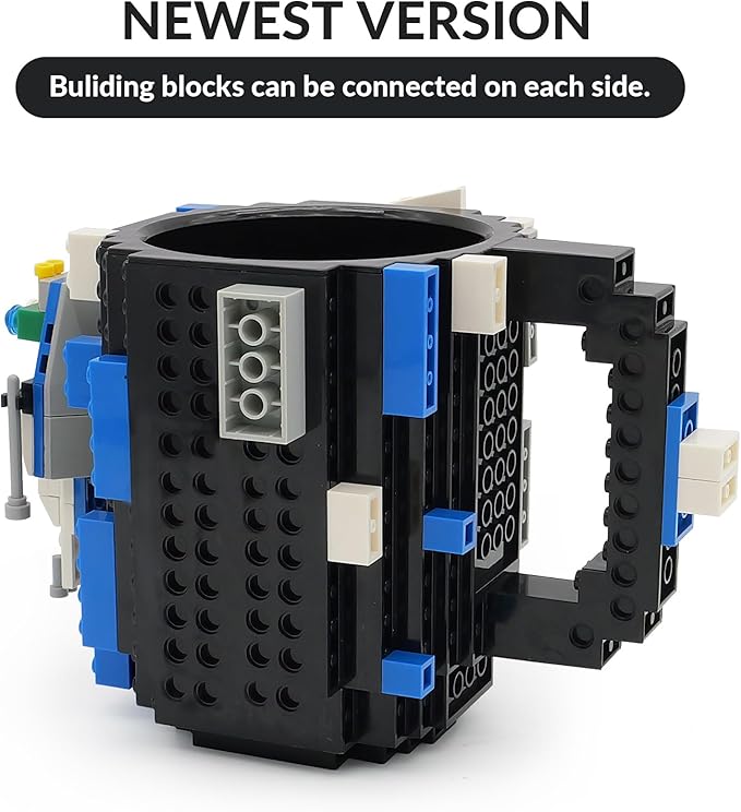 Build-on Brick Coffee Mug, Funny DIY Novelty Cup with Building Blocks Creative for Kids Men Women Xmas Birthday (Cool Black)