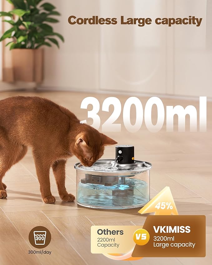Battery Operated Cat Water Fountain: Wireless Pet Fountain Stainless Steel with Filter - 108oz/3.2L Cordless Cat Dispenser with Motion Sensor Rechargeable Automatic Drinking Fountains for Cats Indoor