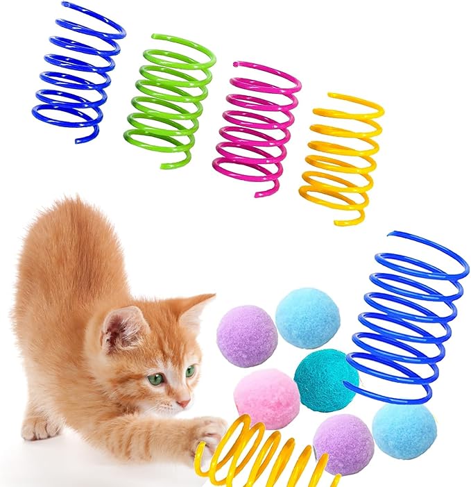 itPlus Cat Toys for Indoor Cats, Cat Spiral Spring Soft Cat Pom Pom Balls Interactive Toys for Kitty Cats Keep Fit Great for Cats Hunting Kitten Toys (6pcs Ball&6pcs Springs)