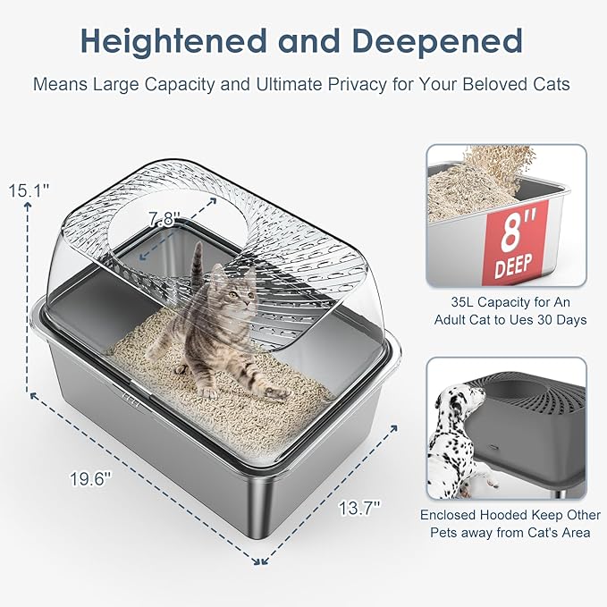 8" Deep Stainless Steel Litter Box with Lid, Top Entry Cat Litter Box for Dog-Proof, Enclosed Cat Litter Box with Footboard, Odor Control, Anti-Leakage, Non-Sticky, Easy Cleaning (Charcoal Gray)