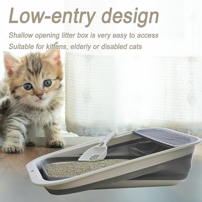 2 pcs Collapsible Kitten Litter Box,Low Entry Shallow Open Cat Potty Pan with Scoop Foldable Shallow Cat Toilet Travel Litter Box with Falling Sand Pedal for Kitty to Senior Cats 2PCS(Grey, Large)