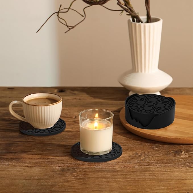 Black Silicone Coffee Coaster Set of 6 with Holder, 4 Inches Modern Bar Coasters for Desk, Tabletop Non Slip Decorative Cup Mat for Drinks, Beer, Beverage - Dishwasher Safe