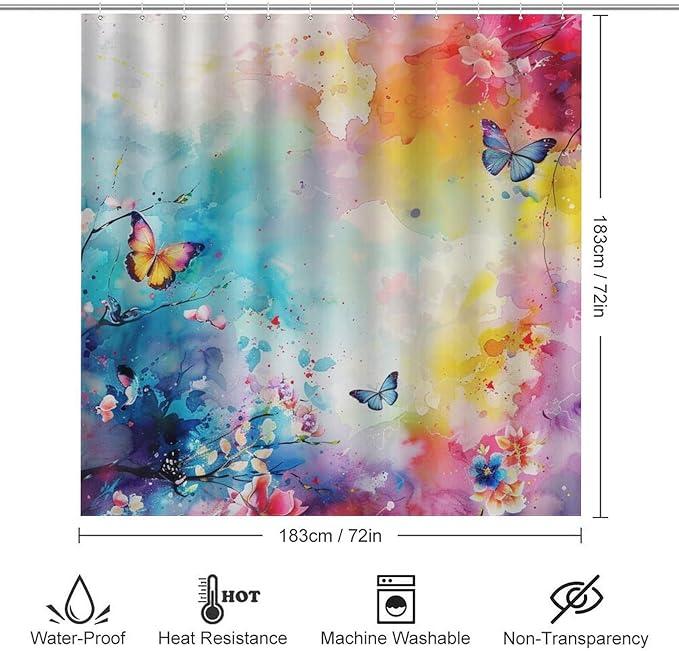 Brebasf Abstract Colorful Wildlife Butterfly Shower Curtain Set Bathroom Set Decorative Vintage Rustic Ink Tie Dye Florals Butterfly 4 Piece Shower Curtain, Toilet Cover, U-Mat, Floor Mat