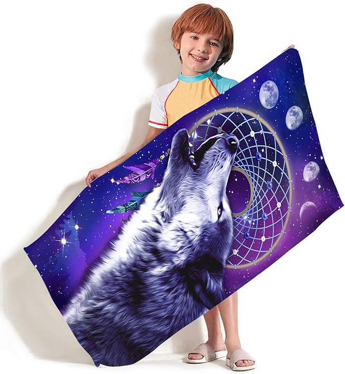 Bonsai Tree Wolf Beach Towel, Cool Dream Catcher Microfiber Bath Towel Gifts for Boys Kids, Funny Blue Purple Galaxy Space Animals Sand Free Quick Dry Travel Towels for Mens Pool Sports 30" x 60"