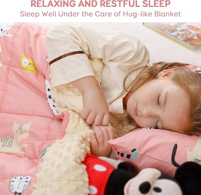 Sivio Weighted Blanket,Cotton and Minky Fleece Throw Blanket with Beads, Reversible Heavy Blanket, 7lbs 41x60 Inch, Pink Cat