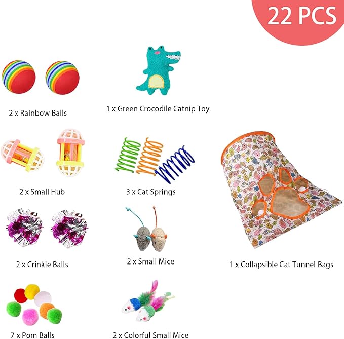 Cat Toys Tunnel Bag Toys Set, Fun Cat Tunnel Bag with 22pcs Rich Interactive Cat Toys, Cat Toy Gift Collection for Indoor Kittens or Cats, Interactive Cat Exercise Toys (Pink)