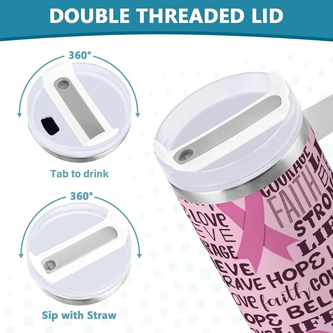 Boccsty Pink Ribbon Healthcar Breast Cancer Awareness Insulated Tumblers Reusable Stainless Steel Tumbler 30 oz Cup Coffee Travel Mug Water Bottle with Handle & Flip Straw for Home Office Car
