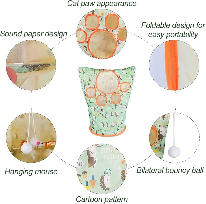 Andiker Cat Tunnel Bags for Indoor Cats, 13x17x12In Foldable Cat Crinkle Bag with 3 White Plush Balls and 1 Mouse 5 Holes for Kitten to Hide and Catch 3 Layers Cat Toy (Hedgehog)