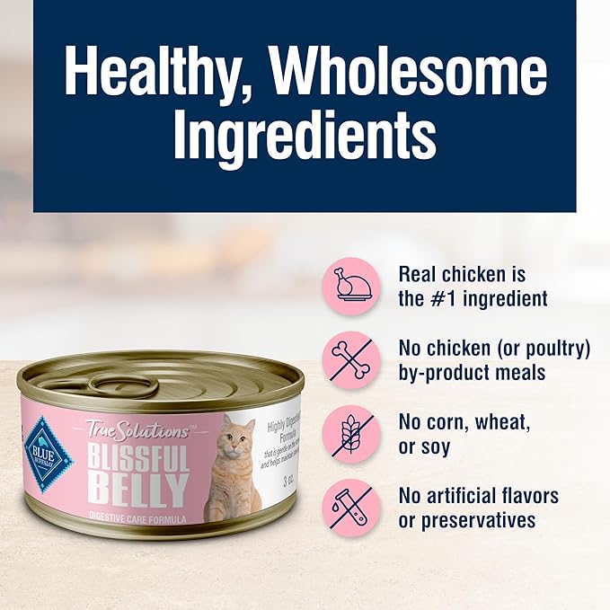 Blue Buffalo True Solutions Blissful Belly Digestive Care Natural Wet Food for Adult Cats, Chicken, 3-oz. Cans (24 Count)