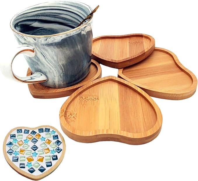 4PCS Mosaic Bamboo Coasters for Crafts, Blank Base Trays, Drinking Cup Coaster, Plant Coaster, Art Plate,DIY Mosaic Supplies (Heart)