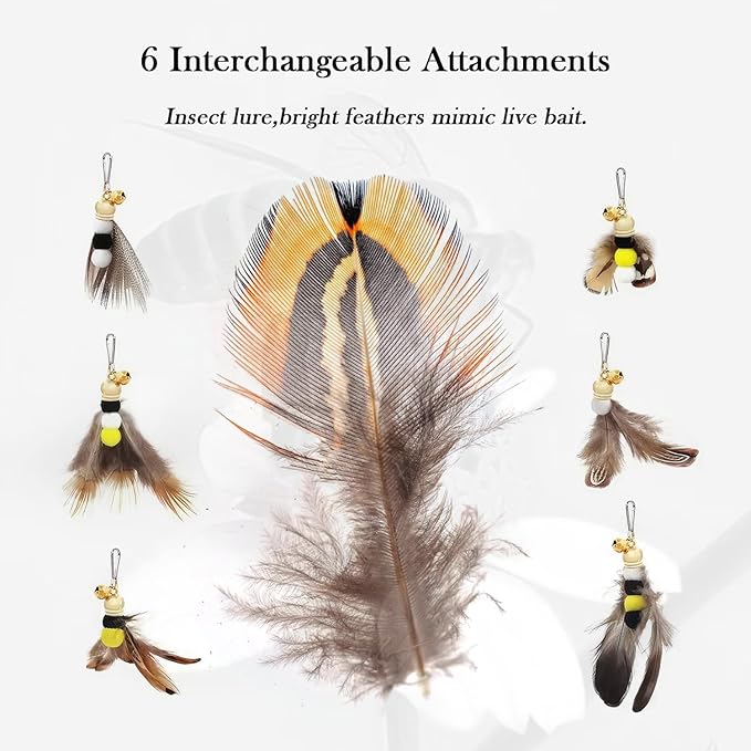 Cat Fishing Pole Toy, Cat Wand Toy,Metal Retractable Teaser Wand Fishing Rod with Wood Handle, 6 Feathers Replacement Attachments with Bells, for Kittens