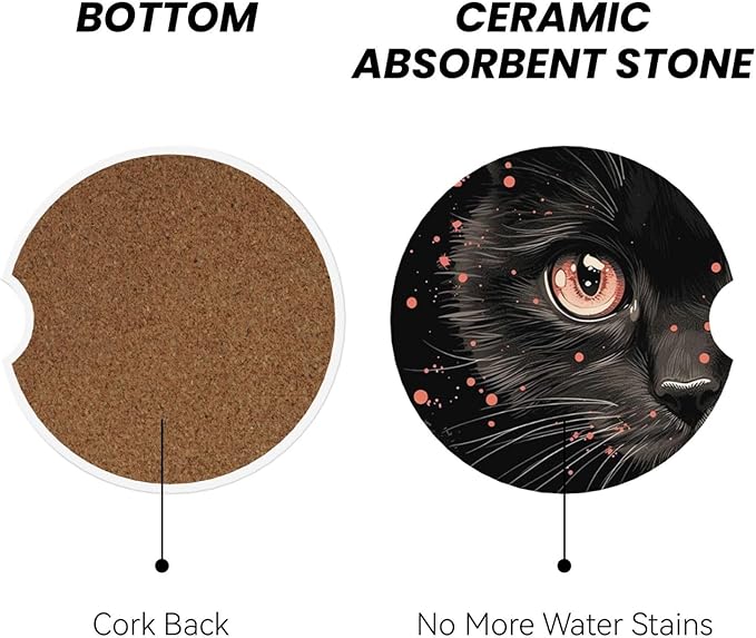 Absorbent Ceramic Car Coasters for Cup Holders, Black Cat Design 2.56" Anti Slip Universal Drink Cup Coasters for Women Men (2 Pack)