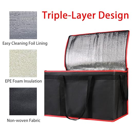Bodaon 3-Pack Insulated Food Delivery Bag for Hot and Cold Meal, XXXL Cooler/Thermal Bags, Grocery Tote Insulation Bag for Catering, Large Pizza Warmer, Black with Red Edge