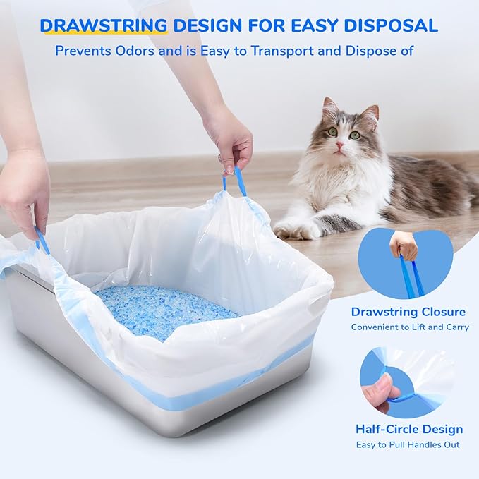 60 Count Drawstring Litter Box Liners for Scoopfree Cat Litter Tray Pan Refills, 37'' W x 13.8'' H, Durable Pet Kitten Replacement Waste Bags for Stainless Enclosure Closed Litter Box
