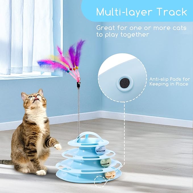 Nobleza Interactive Cat Toys for Indoor Cats, 4 Level Turntable Kitten Toy Ball Track with Catnip Flash Balls & Funny Cat Stick Toy, Cat Roller Toy for Stimulating Kitty Senses & Hunting Instincts