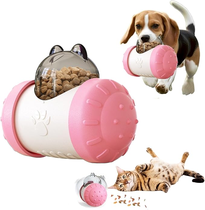 Treat Dispenser Dog Cat Toy Enhanced Slow Dispenser Food Puzzles Ball Interactive Chase Training Toys for Small Puppy Cat Bunny Hamster Pet Pig(Pink)