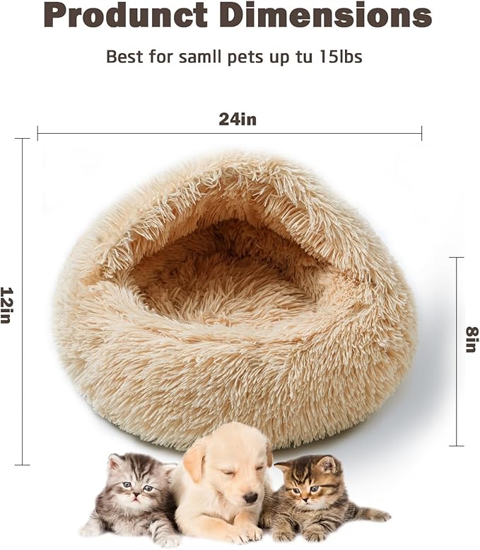 Cat Bed Calming Cat Beds,Indoor Washable Cat Bed，Anti-Slip Faux Fur Fluffy Cuddler Anxiety Cat Bed,Warming Cuddler Cushion Bed for Small Medium Dogs and Cats (Apricot Color, 24 * 24inch)