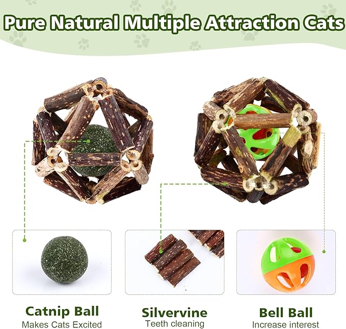 Catnip Chew Toys for Cats,24 Pack Silvervine Cat Toy,Cat Natural Silvervine Sticks,Natural Silvervine Stick Cage Balls & Bell Balls for Indoor Cats.