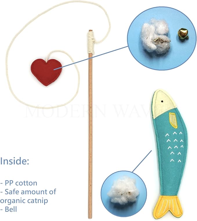 MODERN WAVE - Catnip Handmade Kittens Cats Toys Collection in Gift 4-Pack Box (Felted Fish, Lama, Knitted Mouse with Bell, Cat Heart Teaser)