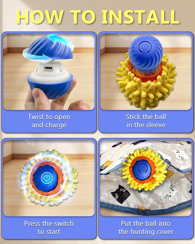 Interactive Cat Toys for Indoor Cats, Automatic Motion Cat Ball Toy with Play Pouch, Hide and Seek Cat Toy with Plush Shell, Rechargeable Kittens Toy, Simulated Hunting Cat Toys