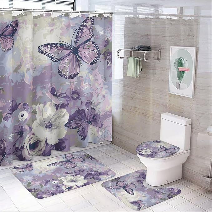 Brebasf Abstract Beautiful Animal Butterfly Shower Curtain Set Bathroom Set Decorative Minimal Rustic Watercolor Boho Purple Floral Butterfly 4 Piece Shower Curtain, Toilet Cover, U-Mat, Floor Mat