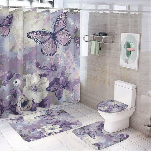 Brebasf Abstract Beautiful Animal Butterfly Shower Curtain Set Bathroom Set Decorative Minimal Rustic Watercolor Boho Purple Floral Butterfly 4 Piece Shower Curtain, Toilet Cover, U-Mat, Floor Mat