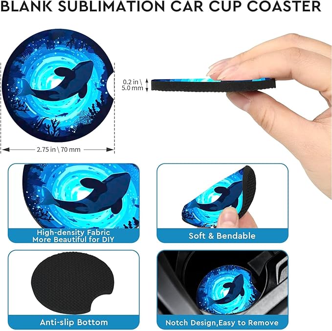 Car Coasters for Cup Holders,2 Pack Killer Whale Car Cup Holder Coasters,2.75" Universal Size Anti Slip Rubber Mat,Automotive Cup Holder Decal Decor Accessories,Whale Gifts for Women,Men,Mom