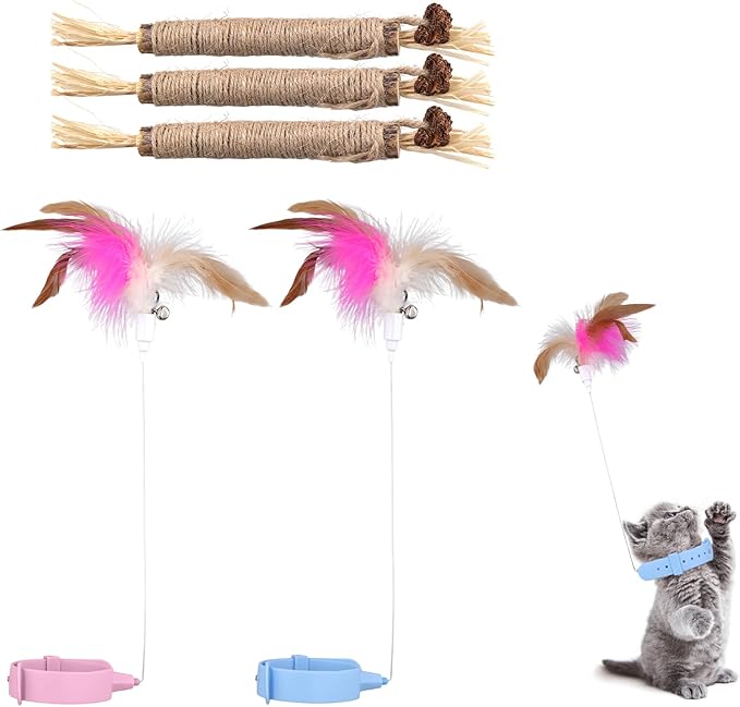 2pcs Silicone Collar Cat Toys & 3pcs Cat Teasing Wands, Adjustable Cat Wand Toy Cat Feather Toys Catnip Chew Toys Silvervine Sticks Interactive Cat Teaser Toys for Indoor Cat Kitten Exercise