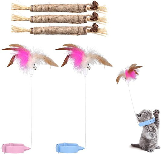 2pcs Silicone Collar Cat Toys & 3pcs Cat Teasing Wands, Adjustable Cat Wand Toy Cat Feather Toys Catnip Chew Toys Silvervine Sticks Interactive Cat Teaser Toys for Indoor Cat Kitten Exercise
