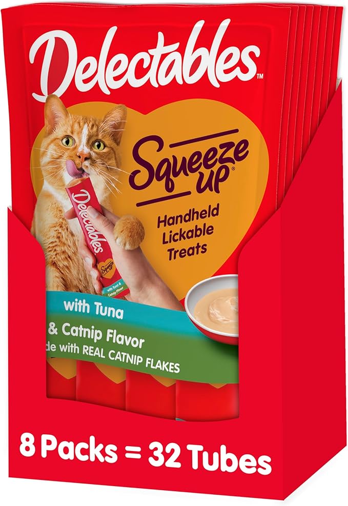 Hartz Delectables Squeeze Up Creamy Squeezable Puree, Lickable Wet Cat Treats, Grain Free, No Added Fillers, No by-Products, No Added Preservatives, 0.5 Ounces Tube Tuna with Catnip, 32 Tubes Total