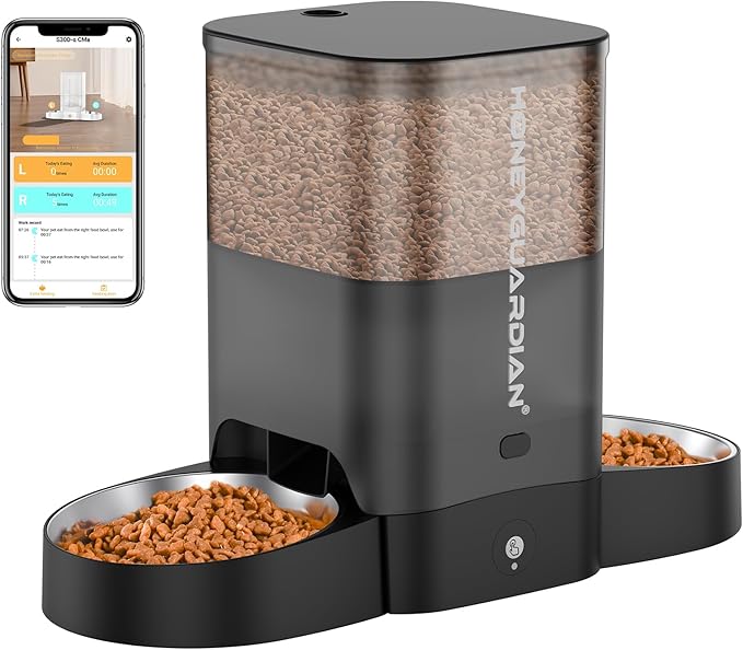 HoneyGuaridan 3.5L Automatic Cat Feeder for Two Cats, 2.4G WiFi Enabled Smart Feed Pet Feeder with Stainless Steel Bowl,APP Control Dispenser, Dual Power Supply,Desiccant Bag,10s Meal Call Black