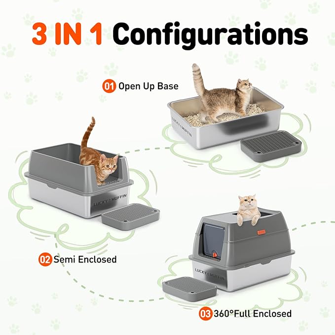 3 in 1 Premium Stainless Steel Cat Litter Box with Removable Lid, Enclosed XL Extra Large High-Sided Metal Box for Big Kitty with Scoop, Top Entry, Odor Control, Anti-Leakage, Non-Sticky & Easy Clean