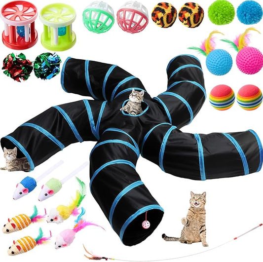 Poen 21 Pcs Cat Tunnel for Indoor Cats Set Collapsible 5 Way Cat Tubes with 20 Pcs Cat Toys Kitten Toys Interactive Cat Feather Toy Mouse Crinkle Balls Cat Tube for Puppy Kitten Rabbit(Blue Black)