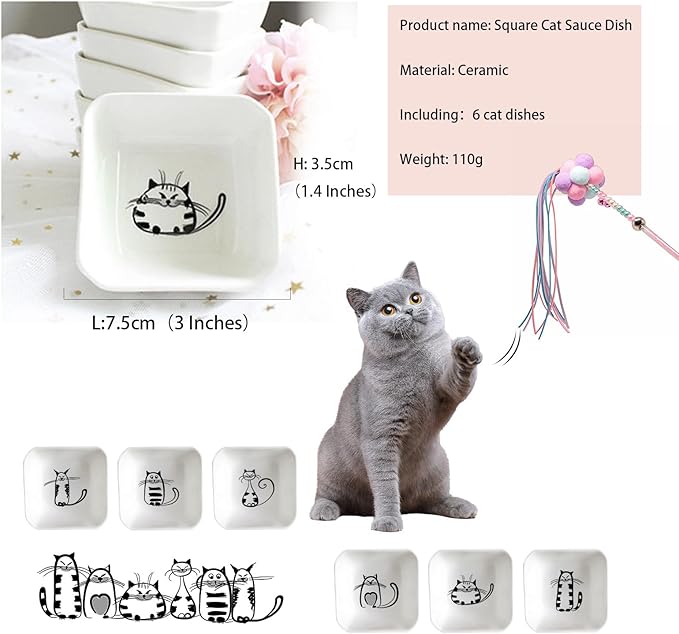 BigNoseDeer Super Cute Cat Ceramic Sauce Dish,Mini Side Seasoning Dish,Condiment Dishes,Sushi Soy Dipping Bowl,Snack Serving Dishes,Meow Porcelain Small Saucer Set(Set of 6)