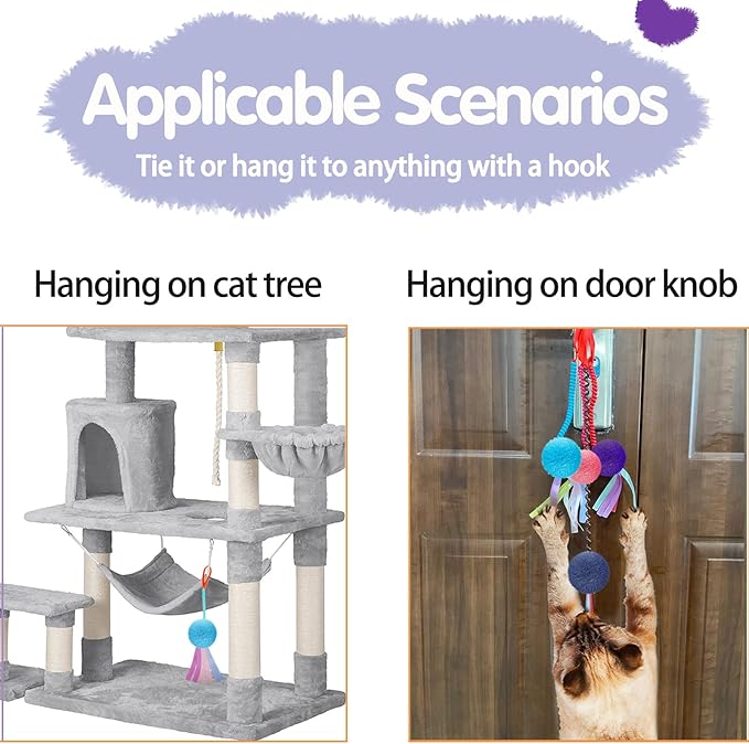 4Pcs Cat Crinkle Interactive Toys Colorful Furry Balls Sounable with Ribbon and Elastic Coil Spiral Springs Chasing Toys for Indoor Feline Kitten Door Hanging Cats Teaser Toys