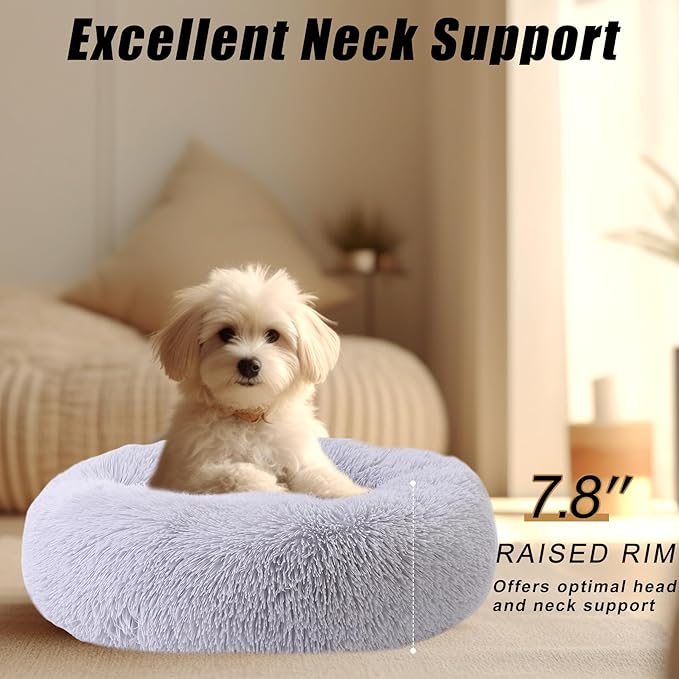Calming Dog Bed, Dog Beds Fits up to 15 lbs Pets, Fluffy Donut Dog & Cat Bed Washable, Round Anti Anxiety Dog Bed, Small Dog Bed with Non-Slip Bottom (Light Grey, 20" x 20")