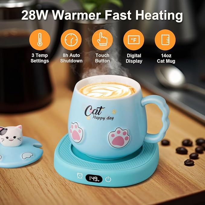 Bsigo Coffee Mug Warmer & Cute Cat Mug Set, Beverage Cup Warmer for Desk Home Office, Coffee Warmer for Cocoa Milk Tea Water, Candle Warmer with Three Temperature Up to 149℉/ 65℃, 8 Hour Auto Shut Off