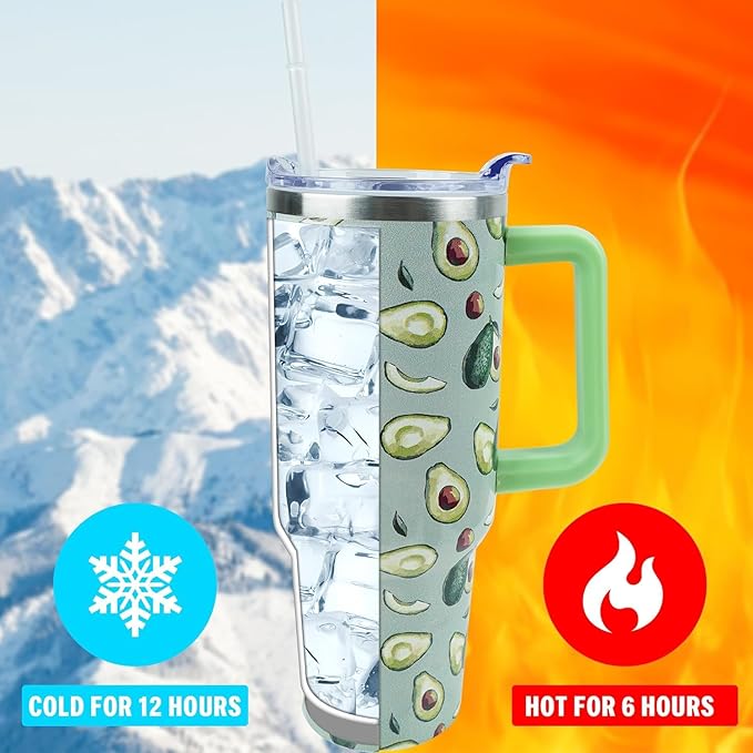 40 oz Tumbler with Handle and Straw, Stainless Steel Insulated Cup with Leak Proof Lid and Straw Lid, Keep Drinks Cold and Hot for Hours(Avocado)