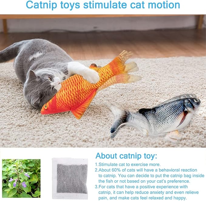 Cat Toys Interactive Flopping Fish with Catnip, 2 Pack Automatic Cat Toys for Indoor Cats, 11" Electric Moving Cat Kicker Toy, Wiggle SilverVine Floppy Fish for Kitty, Bored Kitten Self Play Toys