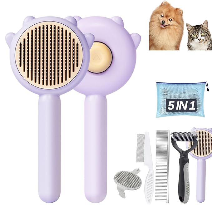 5 in 1 Cat Care Set, Hair Brush with Release Button, Deshedding Brush for Long and Short Haired Cats, Purple