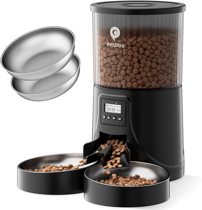 Automatic Cat Feeder 2 Cats: Dual Auto Timed Feeder | 16 Cups/4L for Cat & Small Dog Food Dispenser | Dual Power& Easy Clean | 1-6 Meals Portion Control
