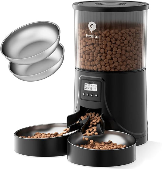 Automatic Cat Feeder 2 Cats: Dual Auto Timed Feeder | 16 Cups/4L for Cat & Small Dog Food Dispenser | Dual Power& Easy Clean | 1-6 Meals Portion Control