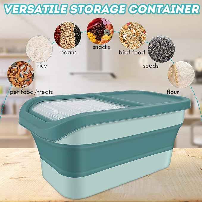 Pet Food Storage Containers, Collapsible Dog Food Container with Sliding Lid,13lb Cat Food Storage with Measuring Cup & Scoop, Plastic Dog Food Bin（green）