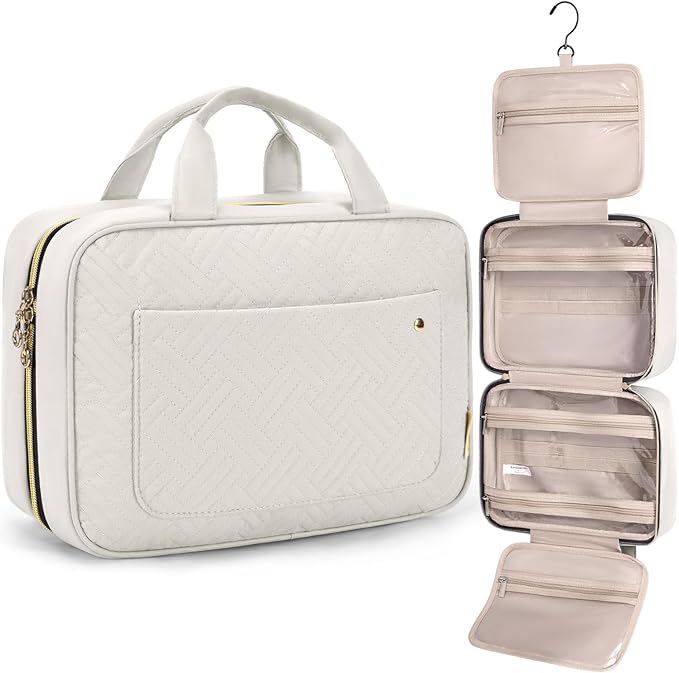 BAGSMART Toiletry Bag Travel Bag with Hanging Hook, Water-resistant Makeup Cosmetic Bag Travel Organizer for Accessories, Shampoo, Full Sized Container, Toiletries (Beige, Large)