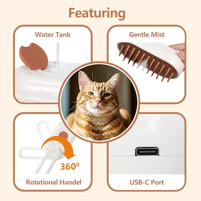 3-in-1 Cat Steam Brush for Shedding, Rechargeable Cat Brush with Gentle Mist, Pet Hair Steam Brush for Cats and Dogs, Spritz Defur Comb for Cats (White)