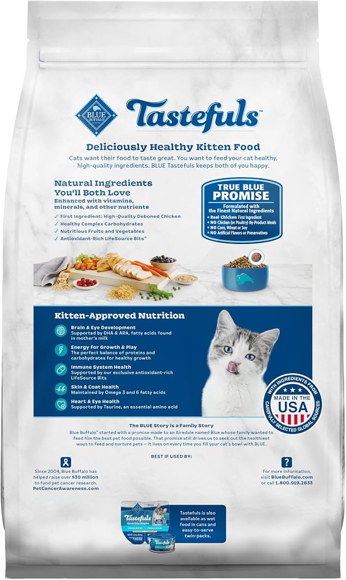 Blue Buffalo Tastefuls Kitten Food With DHA Dry Cat Food Made in the USA with Natural Ingredients, Chicken Recipe, 3-lb. Bag