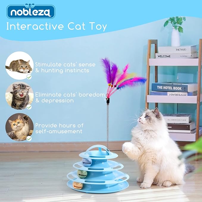 Nobleza Interactive Cat Toys for Indoor Cats, 4 Level Turntable Kitten Toy Ball Track with Catnip Flash Balls & Funny Cat Stick Toy, Cat Roller Toy for Stimulating Kitty Senses & Hunting Instincts