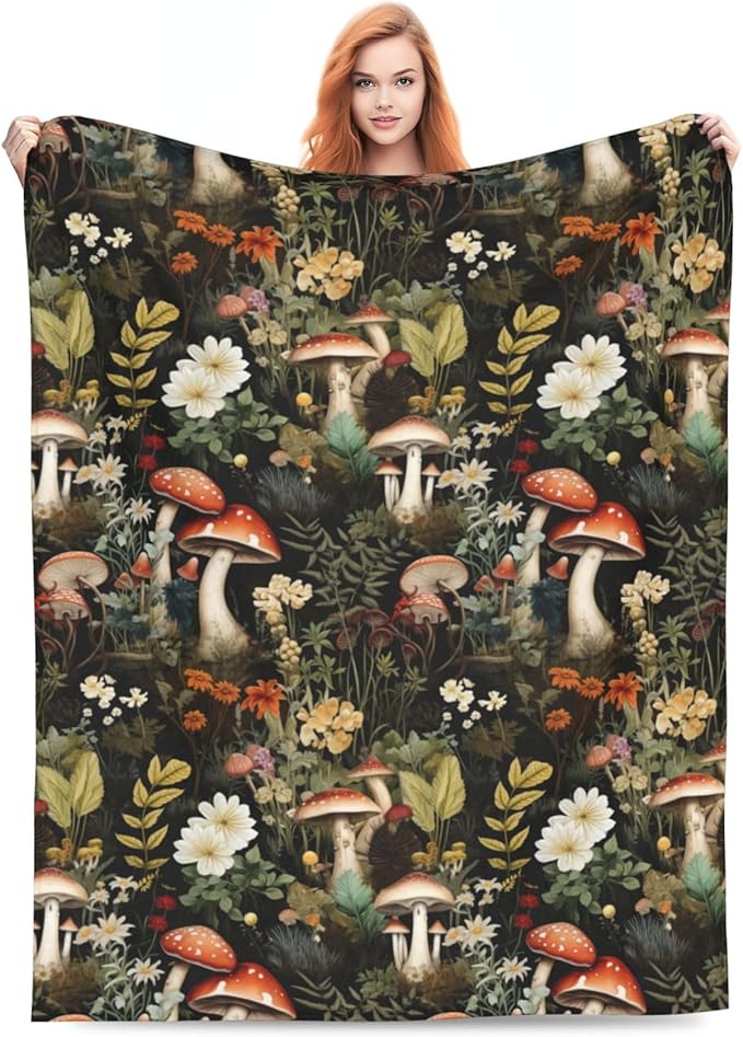 Mushroom Blanket Gifts Floral Weed Flannel Throw Blankets for Home Decor Couch Bed Sofa Soft Fuzzy Lightweight for All Season 60x50 Inches